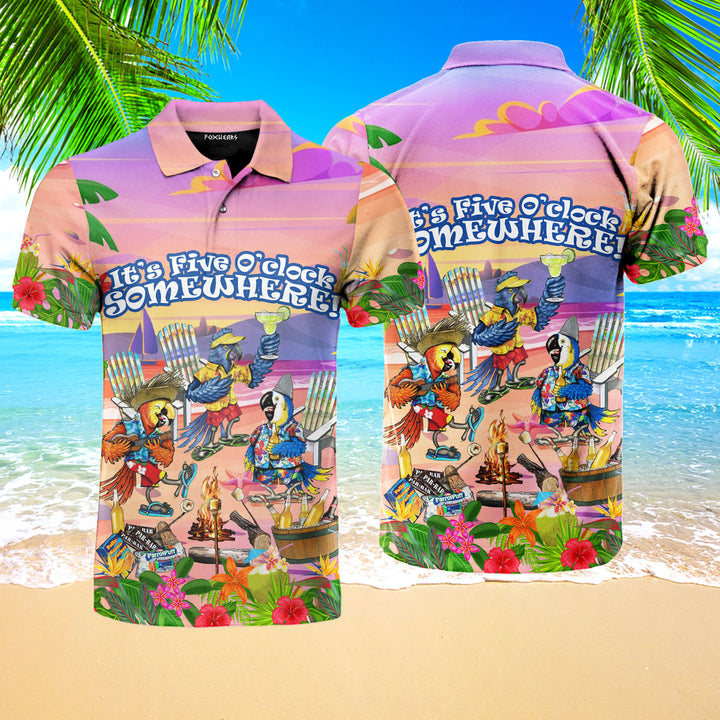 It's 5 O'clock Somewhere Parrot Beach Party Pink Polo Shirt For Men