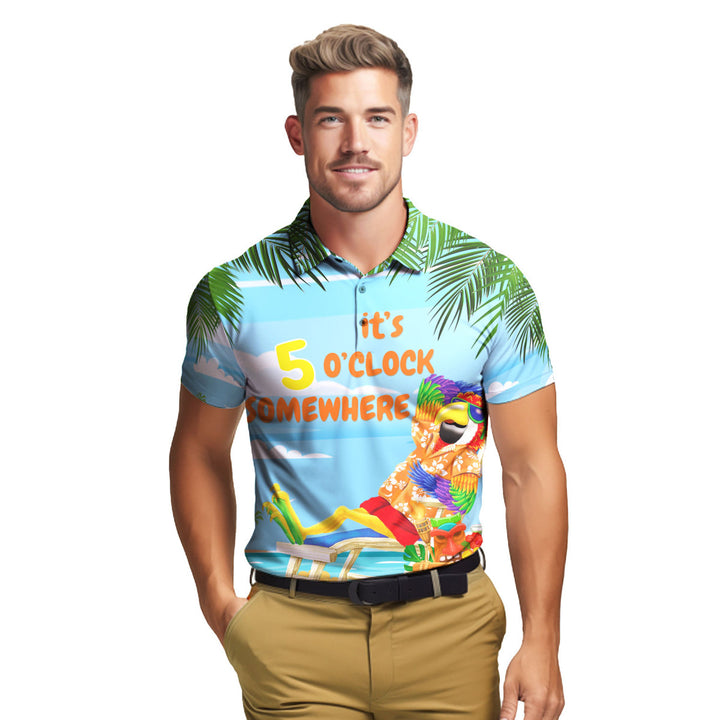 It's 5 O'Clock Somewhere Parrot On The Beach Blue Polo Shirt For Men 