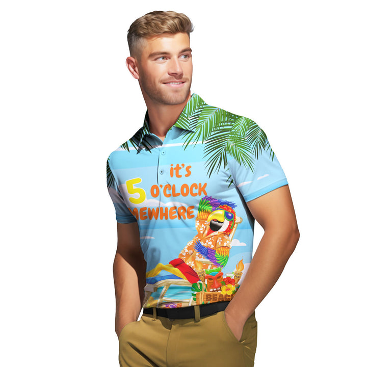 It's 5 O'Clock Somewhere Parrot On The Beach Blue Polo Shirt For Men 