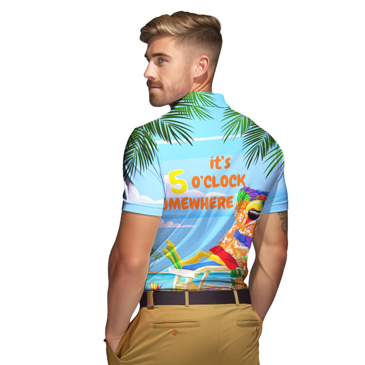 It's 5 O'Clock Somewhere Parrot On The Beach Blue Polo Shirt For Men 