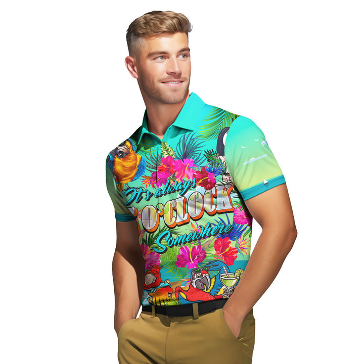 Parrots It's Five O'clock Somewhere Margarita Cocktails Tropical Polo Shirt For Men