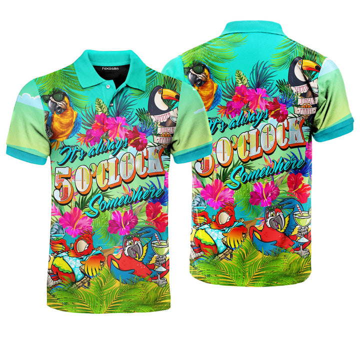 Parrots It's Five O'clock Somewhere Margarita Cocktails Tropical Polo Shirt For Men