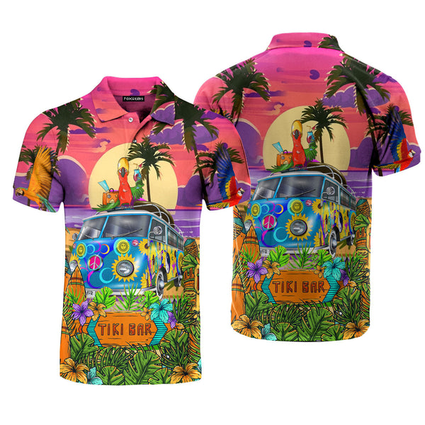 Parrots Tiki On Hippie Bus Polo Shirt For Men