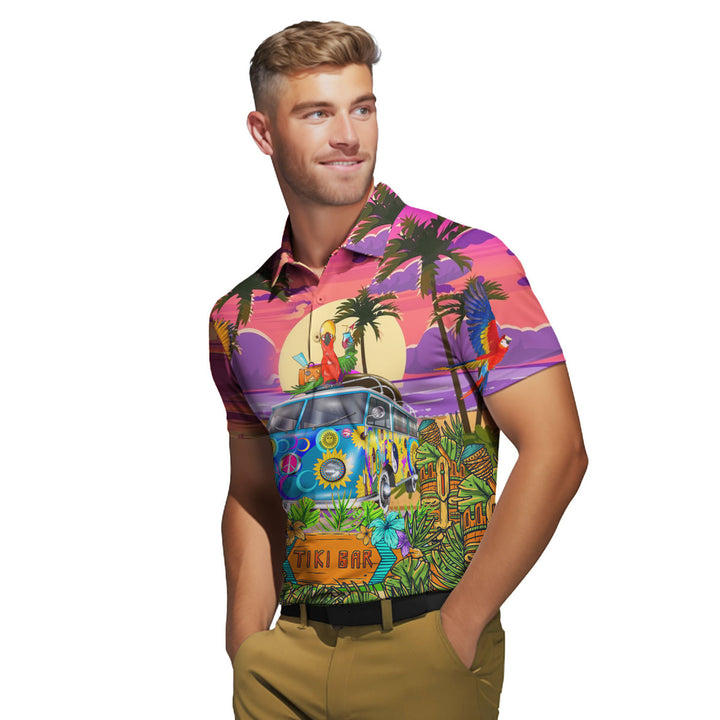 Parrots Tiki On Hippie Bus Polo Shirt For Men