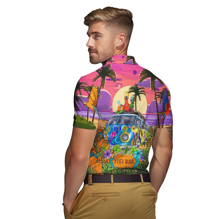 Parrots Tiki On Hippie Bus Polo Shirt For Men