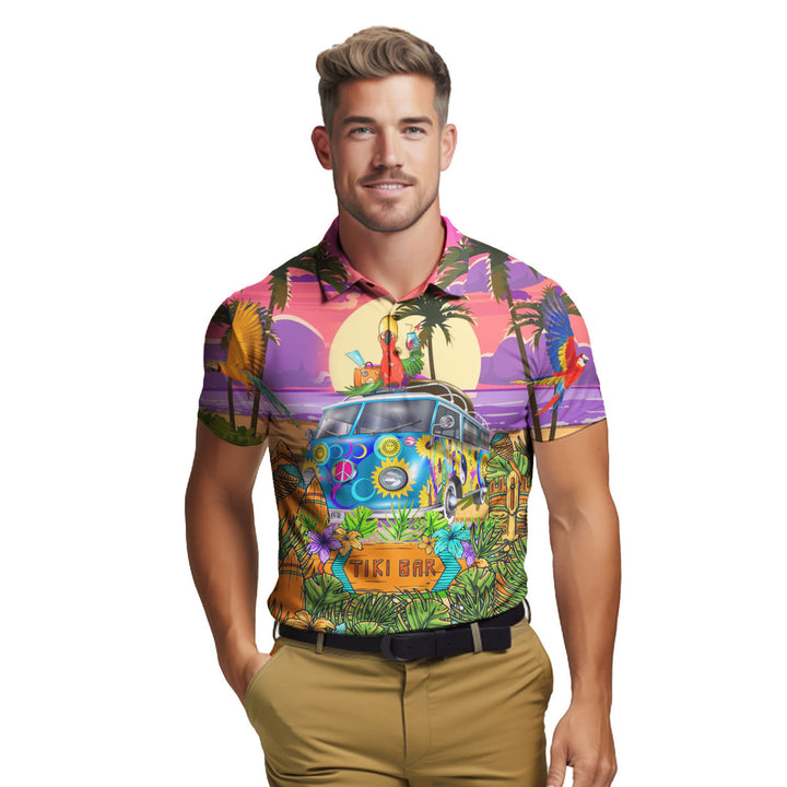 Parrots Tiki On Hippie Bus Polo Shirt For Men