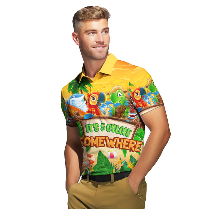 It's 5 O'clock Somewhere Parrot Turtle Tiki Party Yellow Polo Shirt For Men