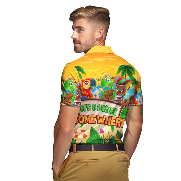 It's 5 O'clock Somewhere Parrot Turtle Tiki Party Yellow Polo Shirt For Men