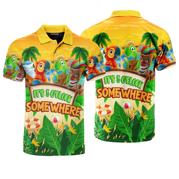 It's 5 O'clock Somewhere Parrot Turtle Tiki Party Yellow Polo Shirt For Men