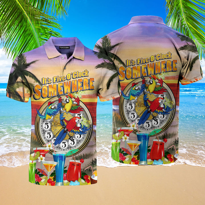 Parrot Tropical It's 5 O'clock Somewhere Polo Shirt For Men