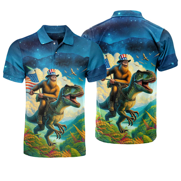 Bigfoot Riding Dinosaur Polo Shirt For Men