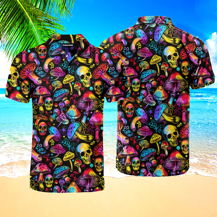 Colorful Hippie Mushroom Skull Polo Shirt For Men 