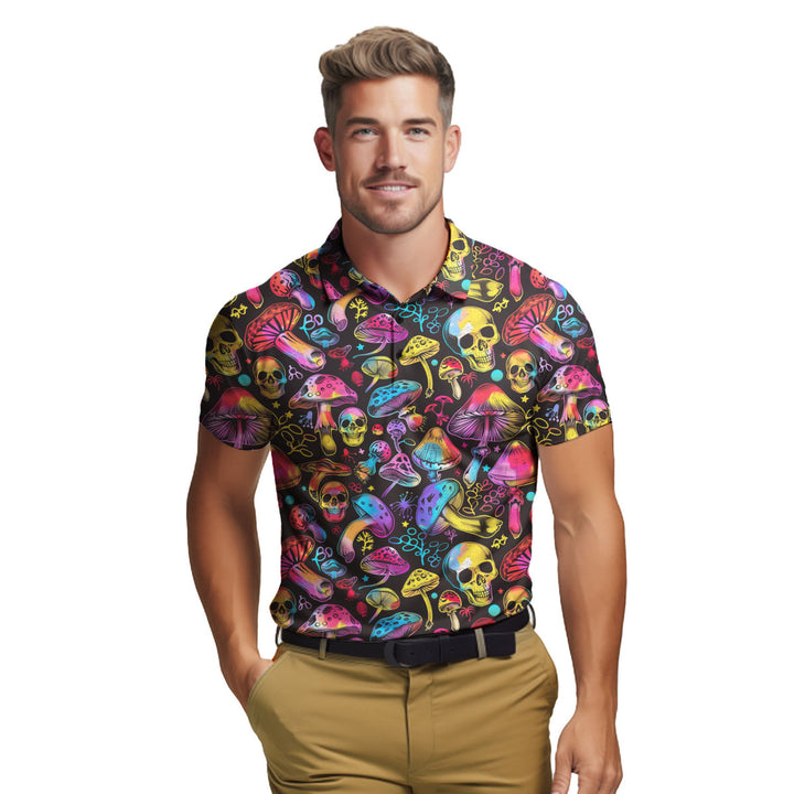 Colorful Hippie Mushroom Skull Polo Shirt For Men 