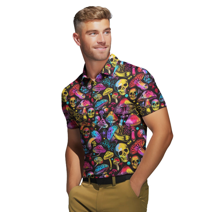 Colorful Hippie Mushroom Skull Polo Shirt For Men 