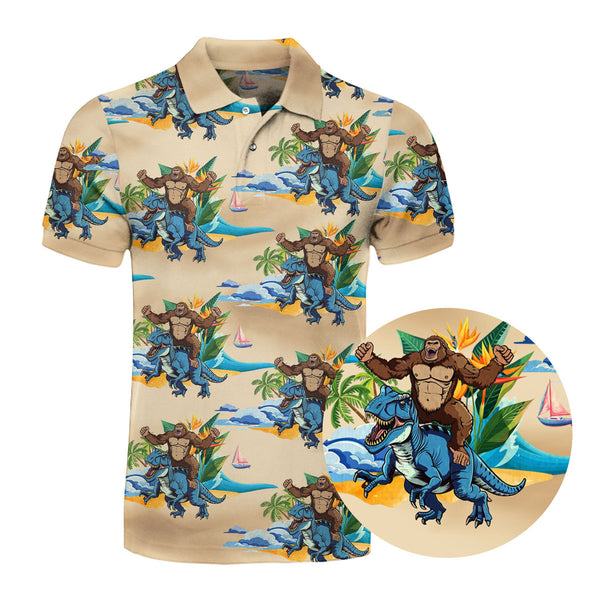 Bigfoot Riding Dinosaur Polo Shirt For Men