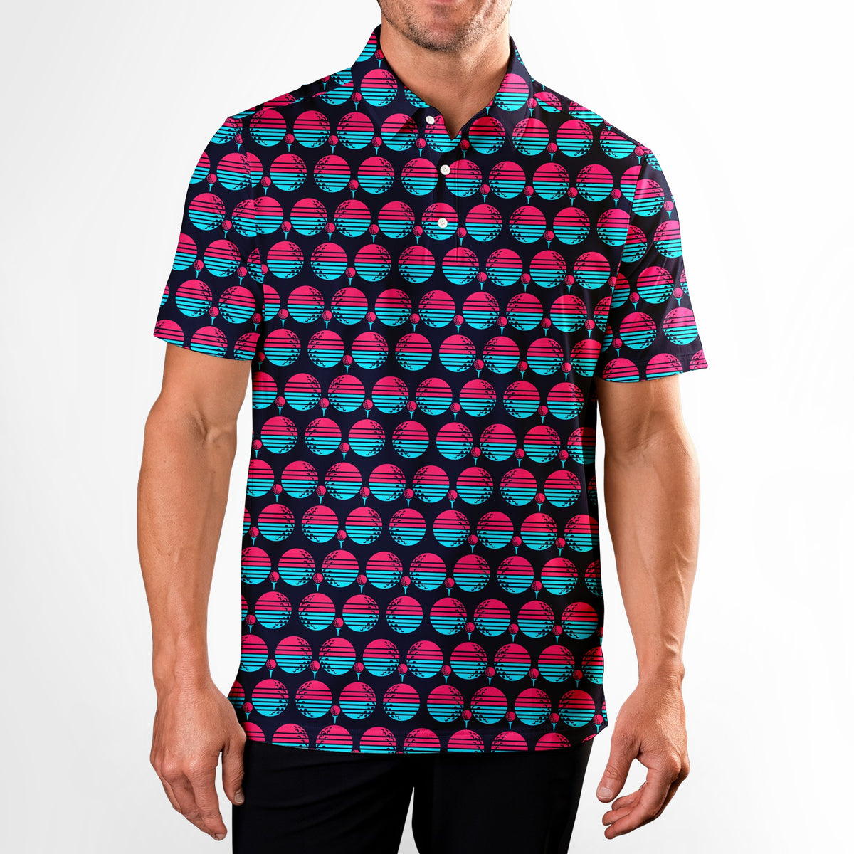 Synthwave Bogey Sun Polo Shirt For Men - Model Front