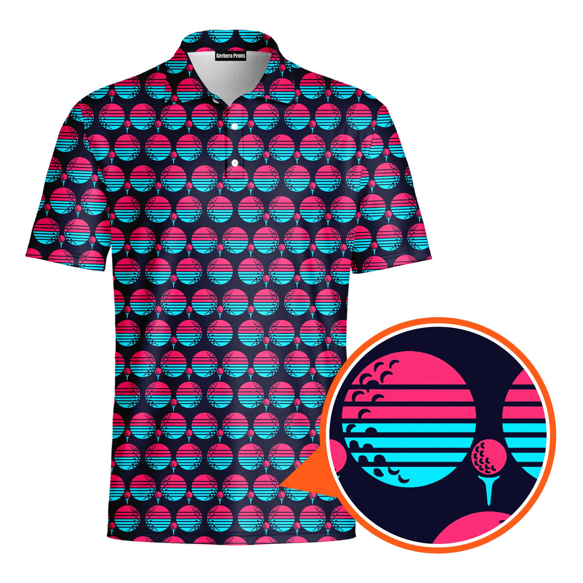 Synthwave Bogey Sun Polo Shirt For Men - Detail Close-up