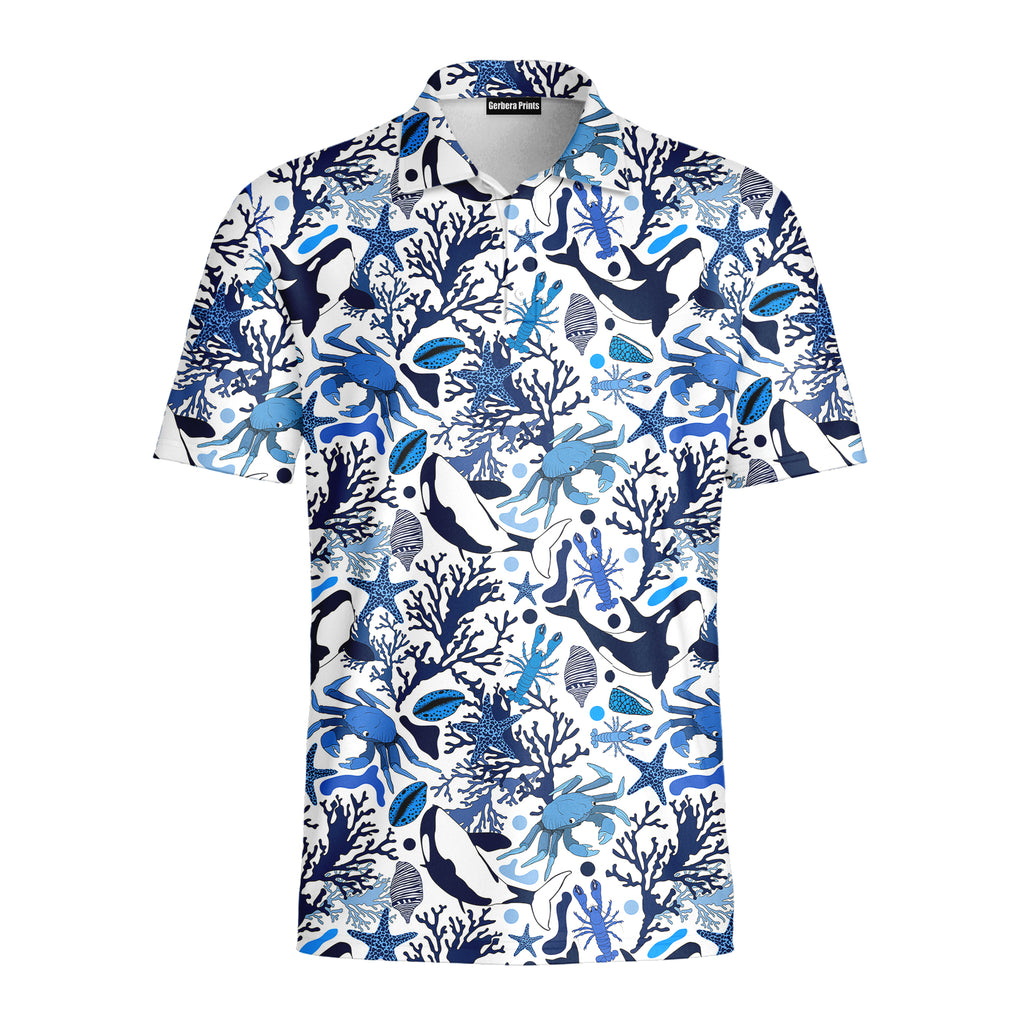Life Of Ocean With Whales Crabs And Lobsters Funny Golf Polo for Men - Front