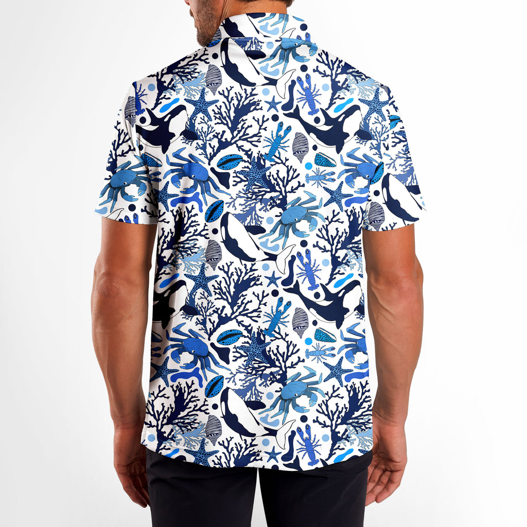 Life Of Ocean With Whales Crabs And Lobsters Funny Golf Polo for Men - Model Back
