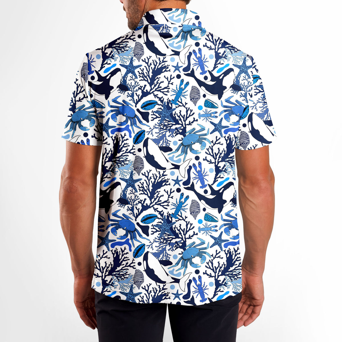Life Of Ocean With Whales Crabs And Lobsters Funny Golf Polo for Men - Model Back