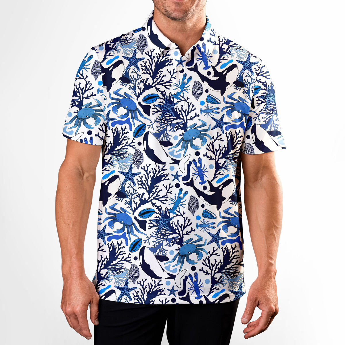 Life Of Ocean With Whales Crabs And Lobsters Funny Golf Polo for Men - Model Front