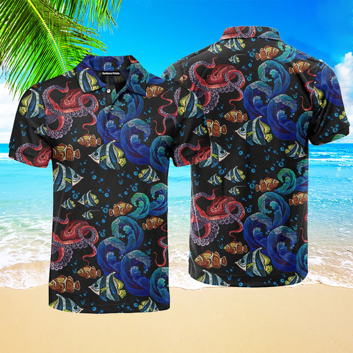 Octopus With Sea Wave Polo Shirt For Men