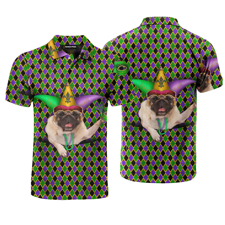 Funny Pug Dog Wears Jester Hat Mardi Gras Polo Shirt For Men