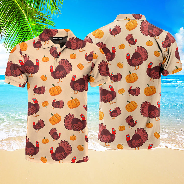 Turkey Bird And Pumpkin Holiday Thanksgiving Polo Shirt For Men
