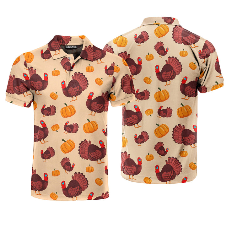 Turkey Bird And Pumpkin Holiday Thanksgiving Polo Shirt For Men