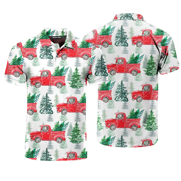 Red Vintage Truck On Christmas Polo Shirt For Men