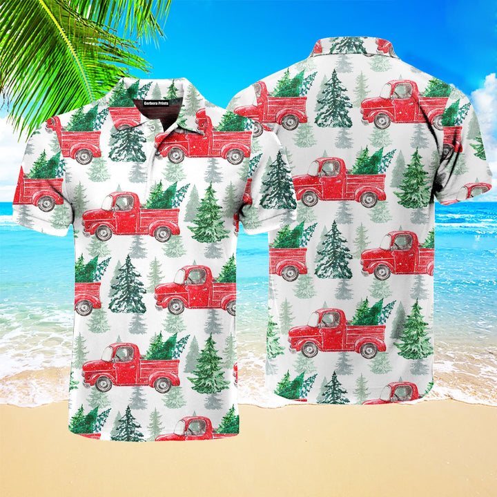 Red Vintage Truck On Christmas Polo Shirt For Men