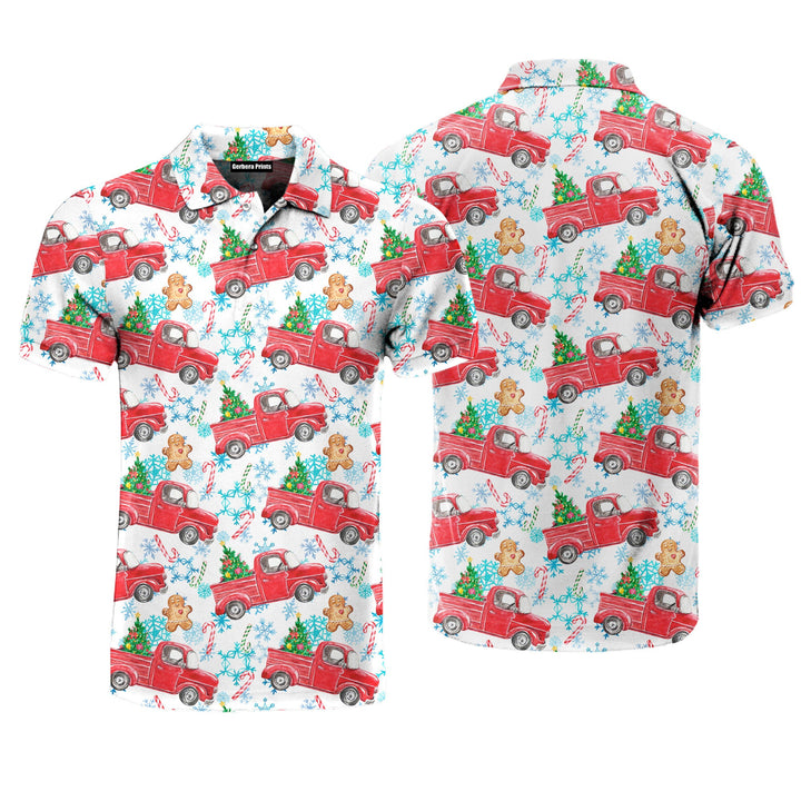 Merry Christmas On Red Truck Polo Shirt For Men