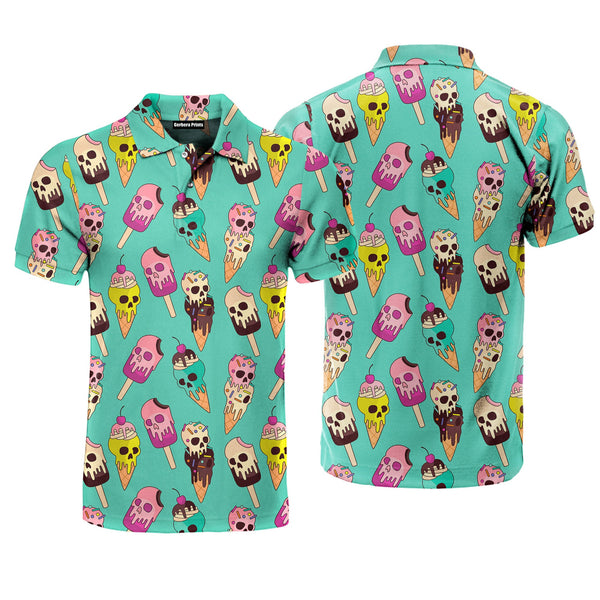 Skull Ice Cream On Green Polo Shirt For Men