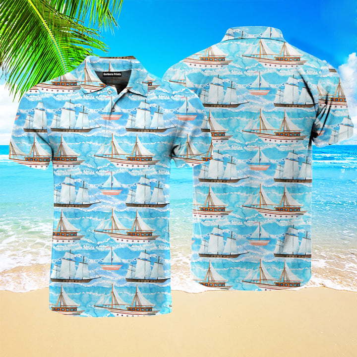 Watercolor Sailing Ships On Ocean Polo Shirt For Men