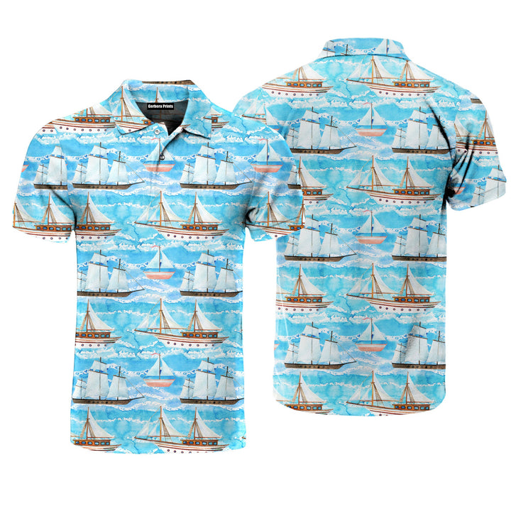 Watercolor Sailing Ships On Ocean Polo Shirt For Men