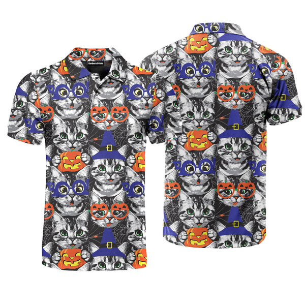 Kittens Face Witch Hat Pumpkin Halloween Polo Shirt For Men
