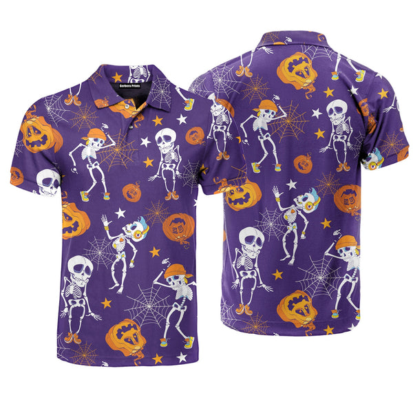 Purple Halloween Skeletons Pumkins Dancing Polo Shirt For Men