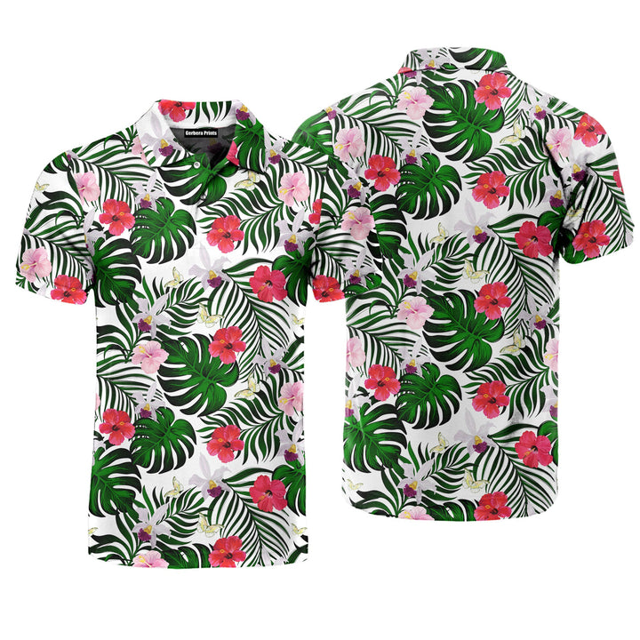 Green Palm Leaves And Hibiscus Flower Polo Shirt For Men