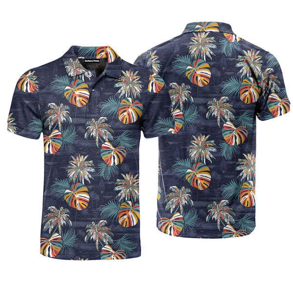 Navy Blue Palm Leaves Island Polo Shirt For Men