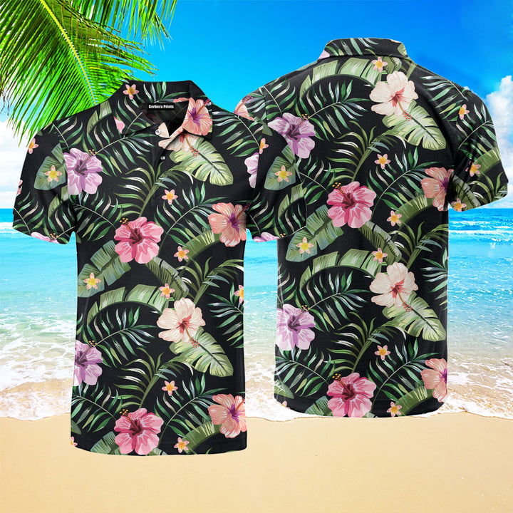 Tropical Flowers On Green Polo Shirt For Men