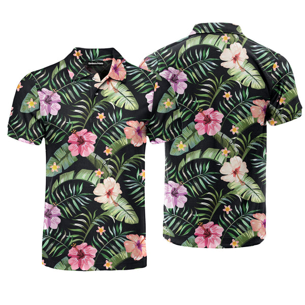 Tropical Flowers On Green Polo Shirt For Men