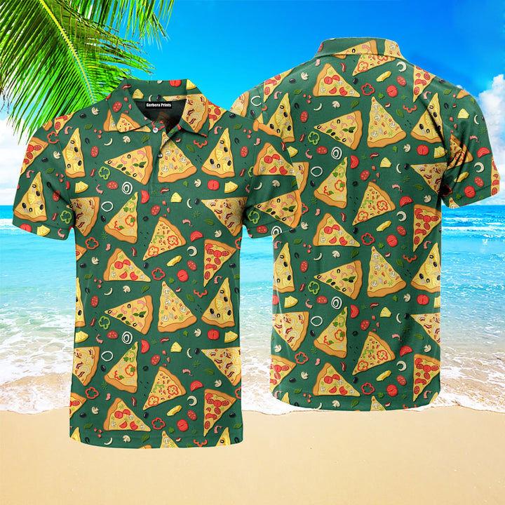 Slice Pizza On Green Polo Shirt For Men