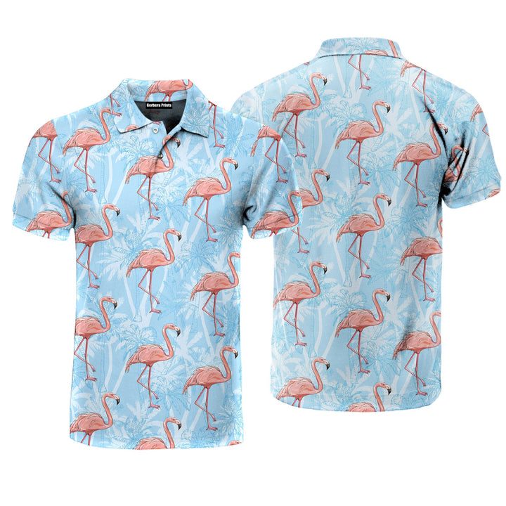 Flamingo On Blue Tropical Polo Shirt For Men