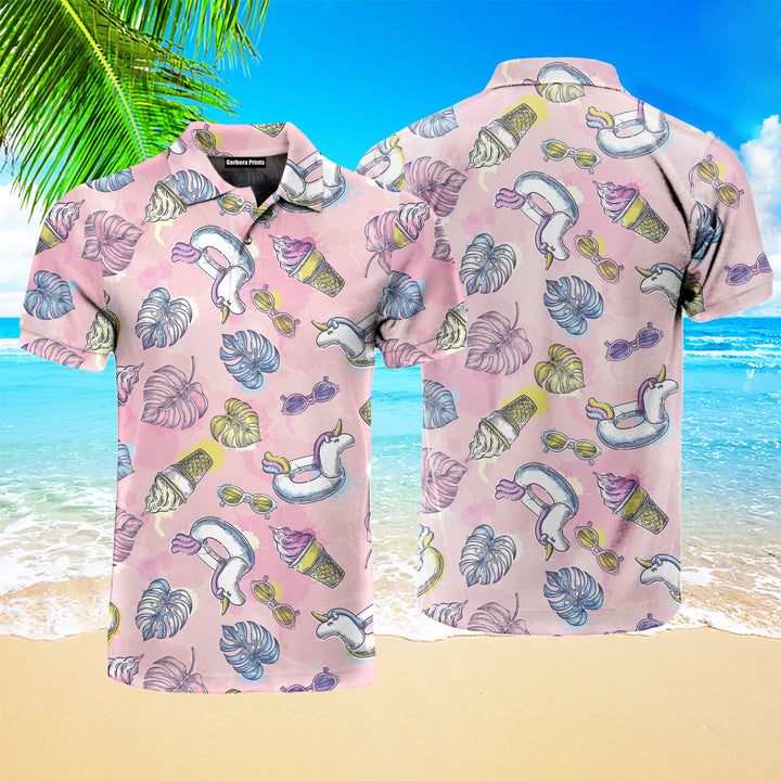 Pink Unicorn Summer Vacation Polo Shirt For Men