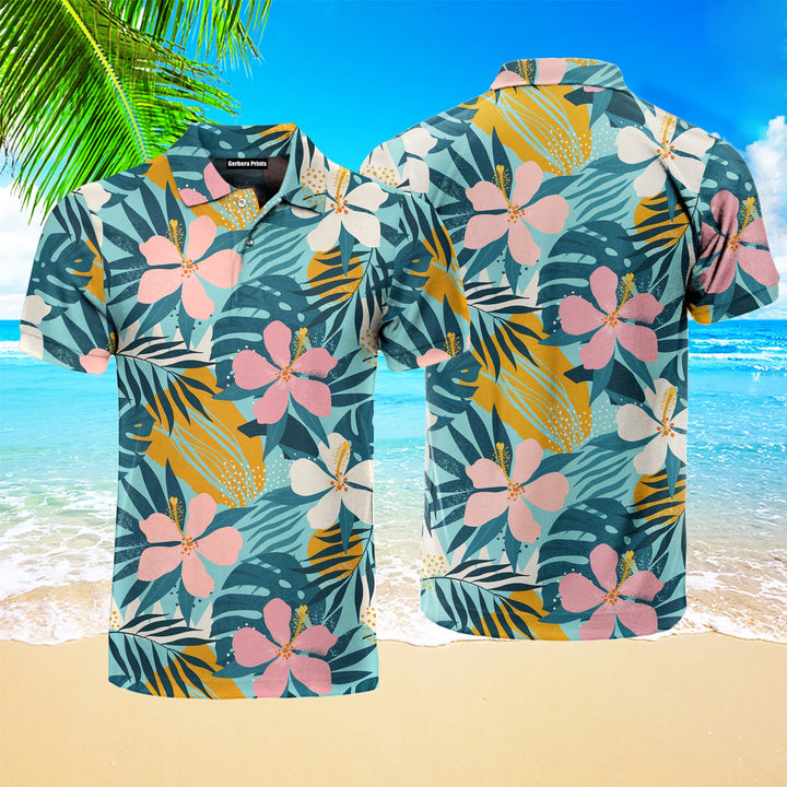 Tropical Flowers And Artistic Palm Leaves Polo Shirt For Men