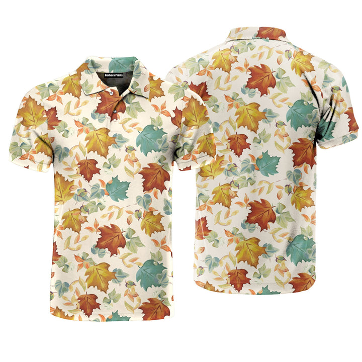 Fall Seamless Maple Leaves On Cream Polo Shirt For Men