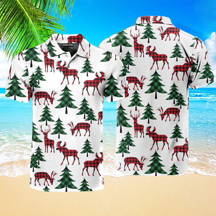 Merry Holly Xmas Buffalo Striped Woodland Polo Shirt For Men