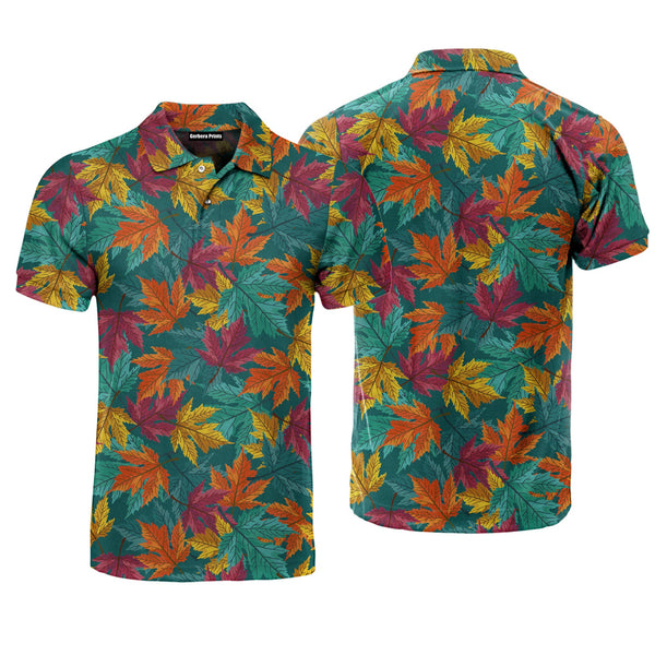 Autumn Maple Leaves Teal Polo Shirt For Men