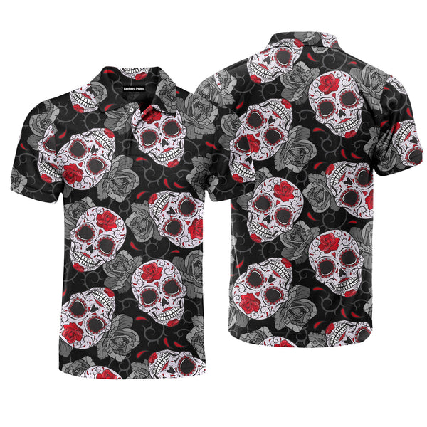 Gothic Sugar Skull Roses Halloween Polo Shirt For Men