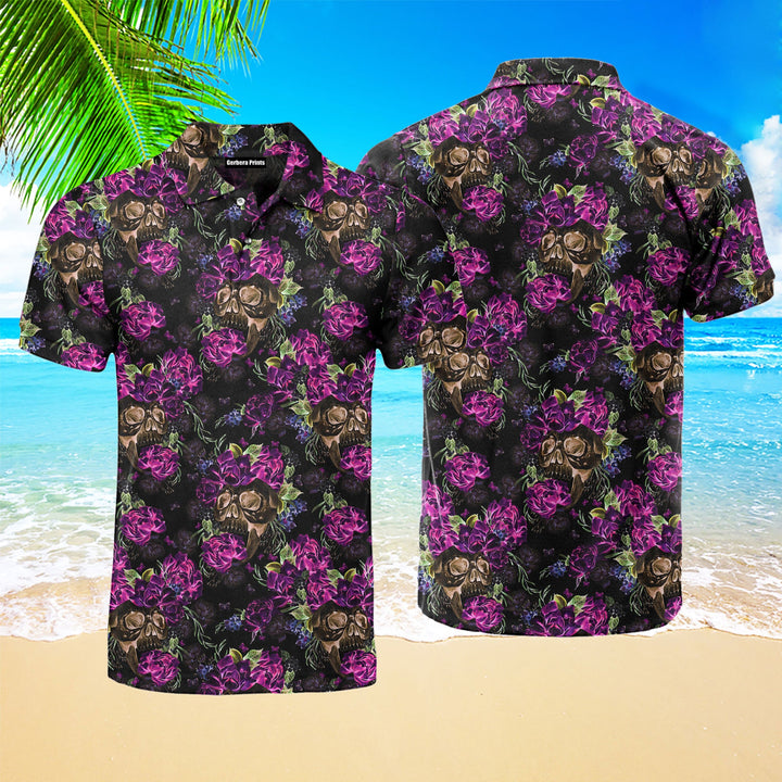 Purple Night Skull Flowers Polo Shirt For Men